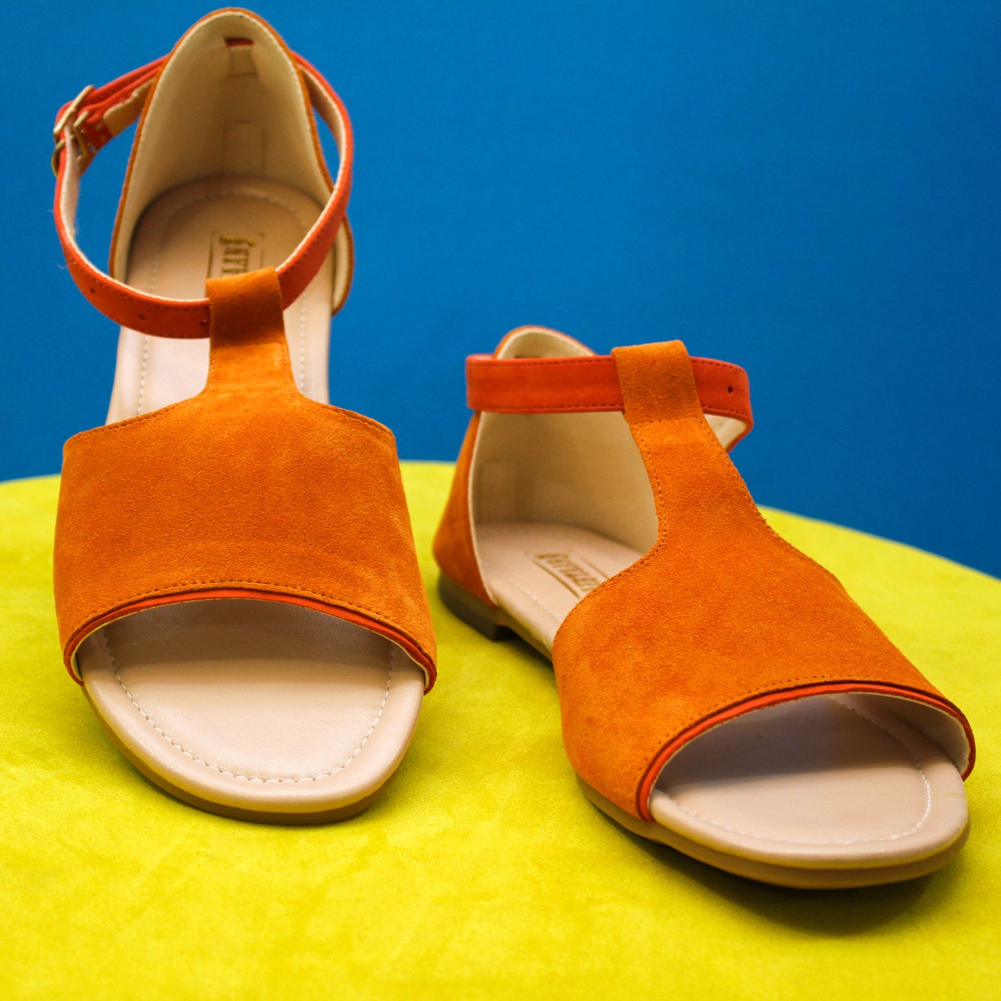 Handmade Orange Suede Leather Flat Sandals