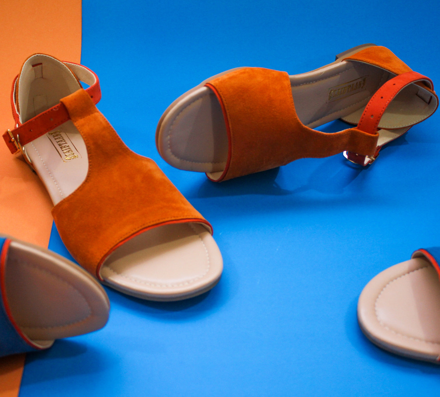 Handmade Orange Suede Leather Flat Sandals