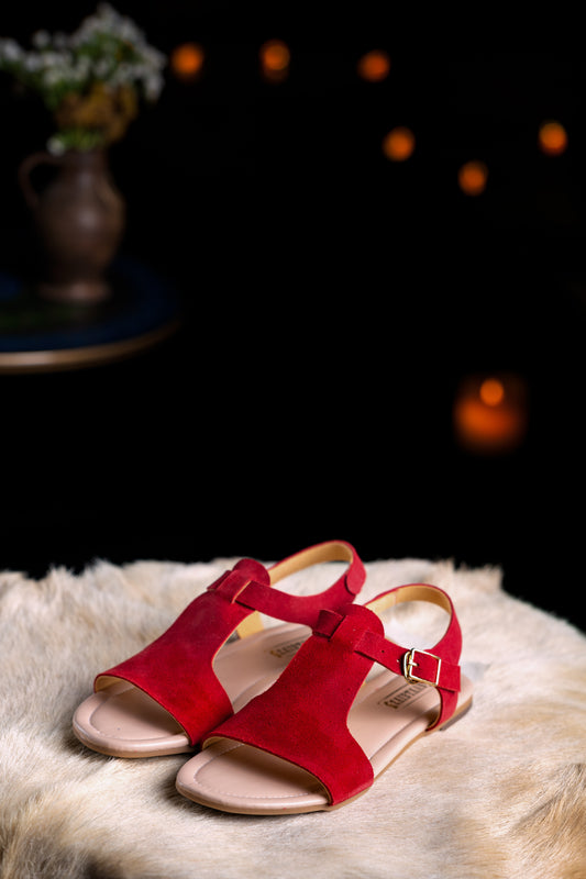 Handmade Red Suede Leather Flat Sandals