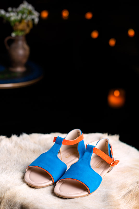 Handmade blue suede leather flat sandals